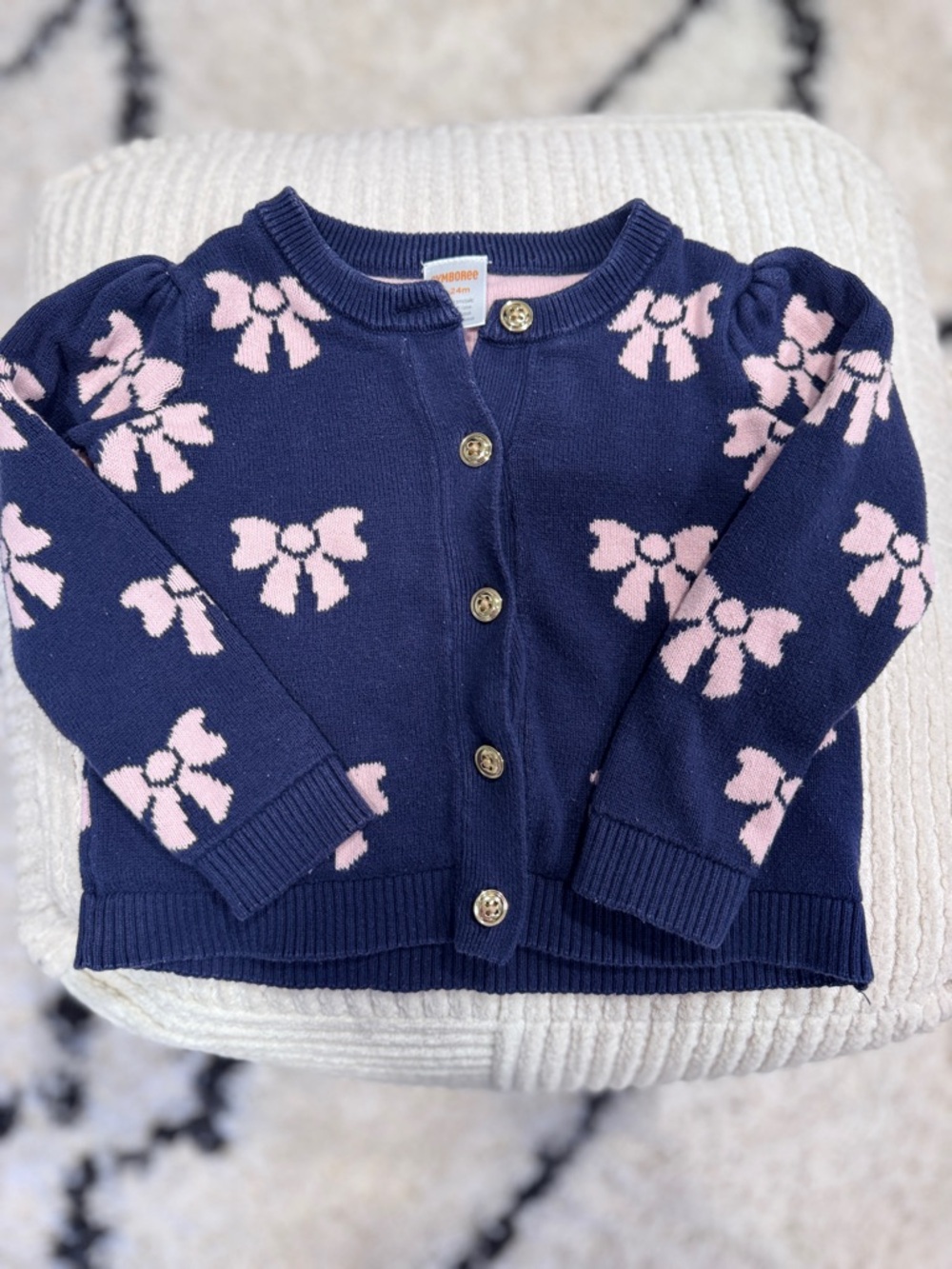 Gymboree Toddler Girl Bow Sweater 18-24 Months Navy Pink Button Cardigan - Picture 2 of 5